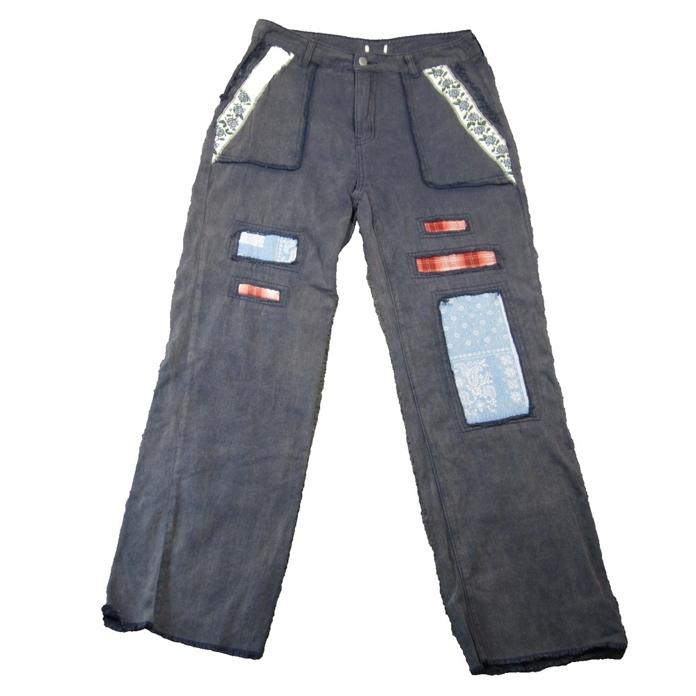 Patchwork Boho Pants 30x29 Indigo Wide Leg High Rise Raw Hem Grunge Edgy Baggy